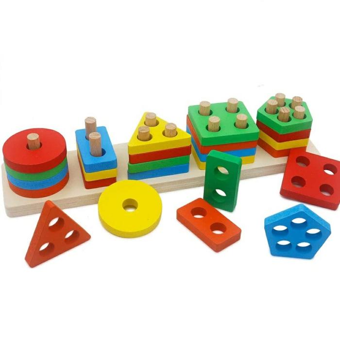 Geometrical Shape Sorting Block Puzzles Five Set Of Columns Wooden  |  Wooden Learning Toys Toys Wooden Learning Toys