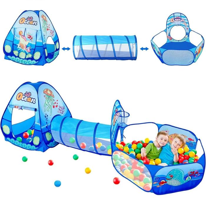 Infantes 3 Pc Ball Pit Tunnel Tent Ocean Blue  |  Tent House Gears Tent House