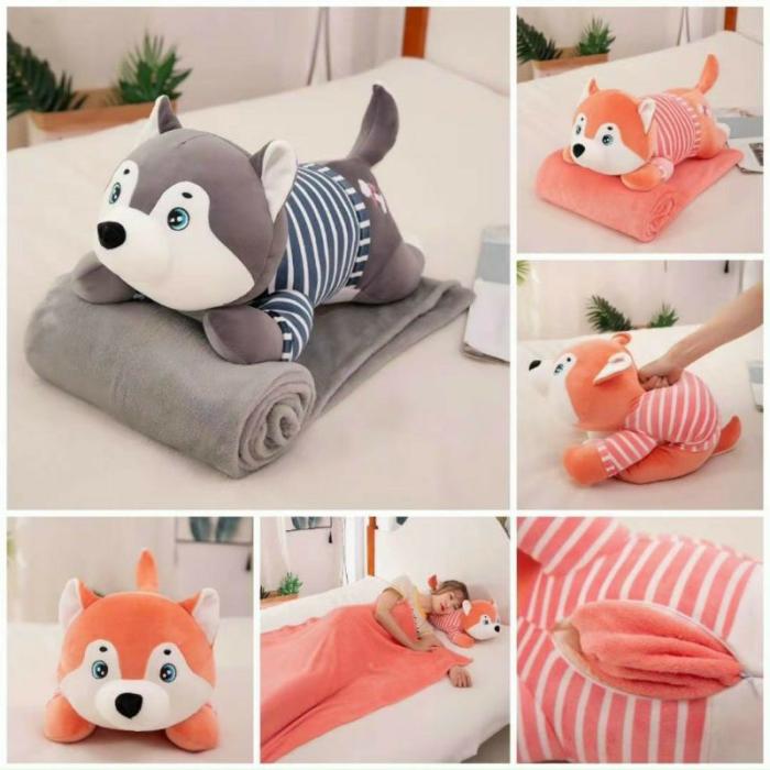 Wolf Character Sleeping Pillow With Blanket  |  Pillow And Blanket Pillow And Blanket Grey