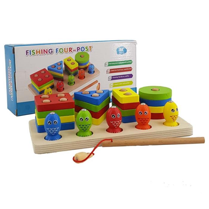 Wooden Shapes And Fish Four-Post Educational Toy  |  Puzzle Toys Puzzle Toys Puzzle Toys